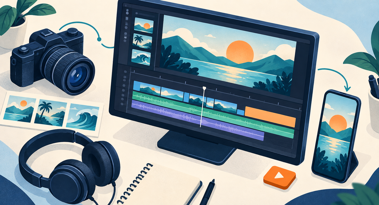 Illustrated video-editing workstation with a monitor showing video clips and audio tracks, a camera, headphones, storyboard thumbnails, and a smartphone displaying a vertical video.